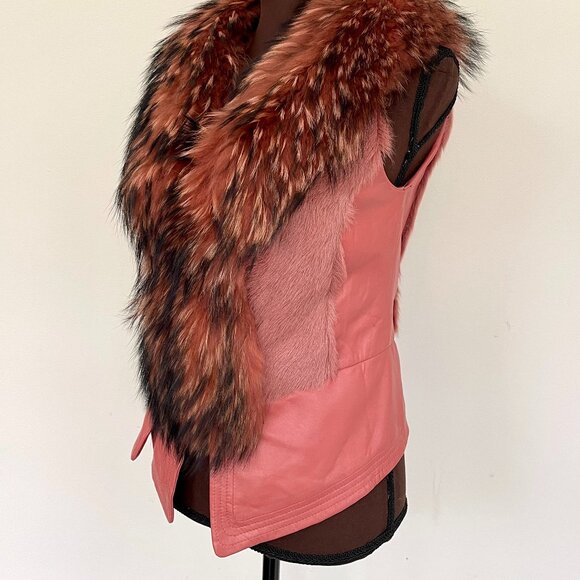 NWOT Pink Leather Vest Real Fox Fur XS size - Picture 13 of 16